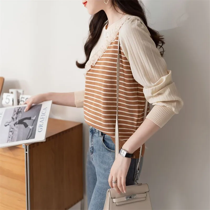 New Spring Fashion Korean Edition Colorblock Stripe Round Neck Loose and Versatile Western Women's Knitted Long Sleeve Sweater