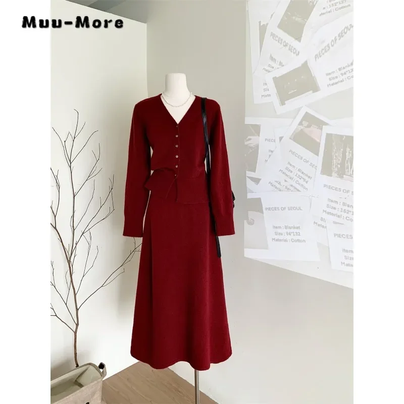 2023 Winter Elegant Vintage Office Lady 2 Piece Set Women V-neck Cardigans +A-line Skirt Solid Color Two Piece Skirt Set Outfits