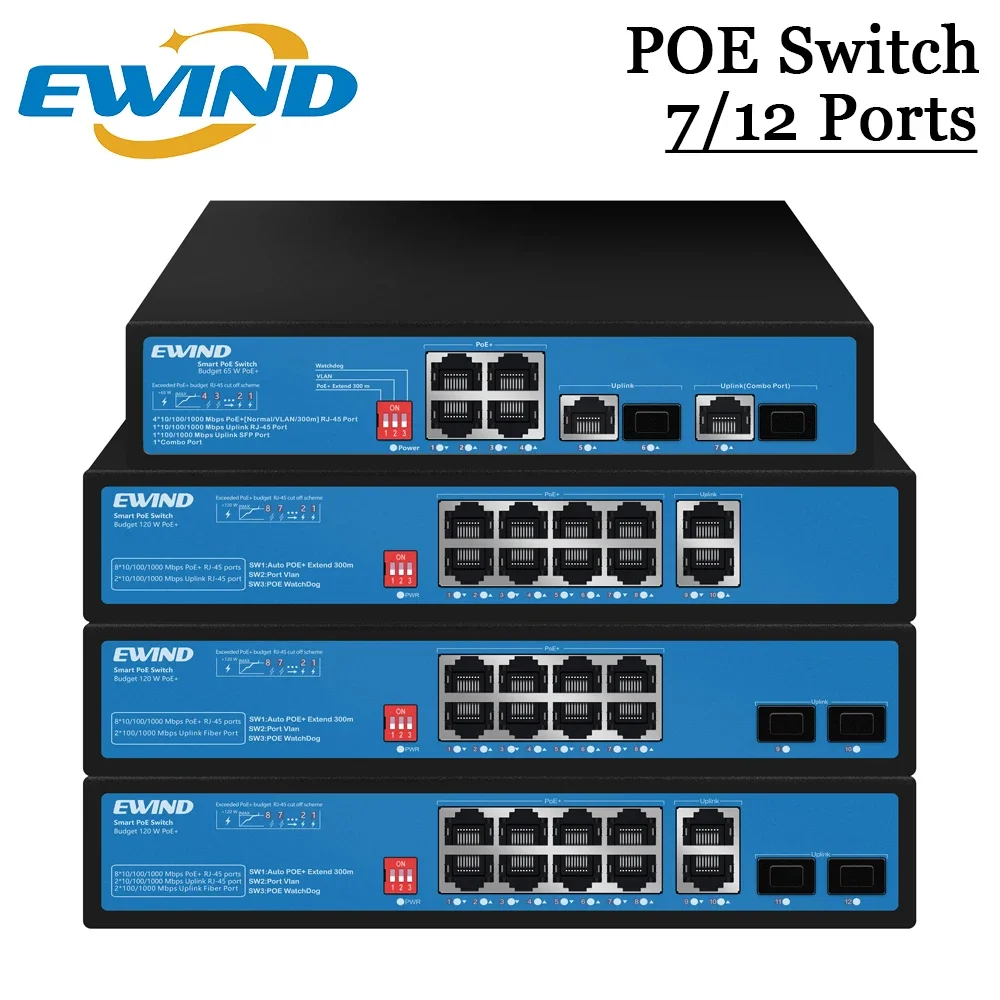 

EWIND Gigabit POE Switch 7/12 Ports 10/100/1000Mbps Network Switches for IP Camera/Wireless AP outdoor home NVR With Dial Code