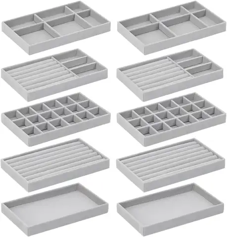 Paquete de 10 bandeja organizadora de joyas, insertos para cajones, divisores de revestimiento de terciopelo apilables, joyero personalizable, soporte de anillo de espuma
