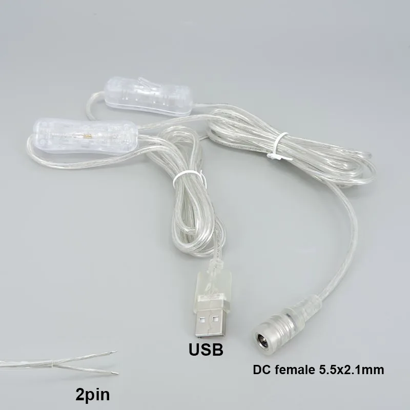 2M 22awg transparent Power supply USB DC 5-12V Cable male Female switch button Connector extension Cord for LED Neon Strip Light