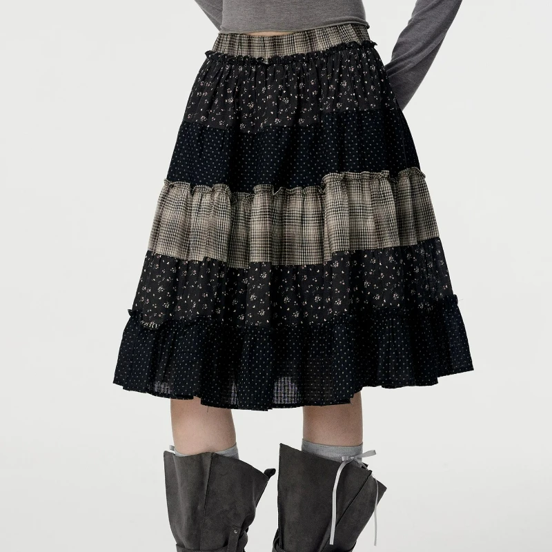 Floral Splicing Plaid Women's Skirt Japanese Coffee Color Design Sweet Y2k Cute Loose Versatile Age-reducing Knee Skirts Ladies
