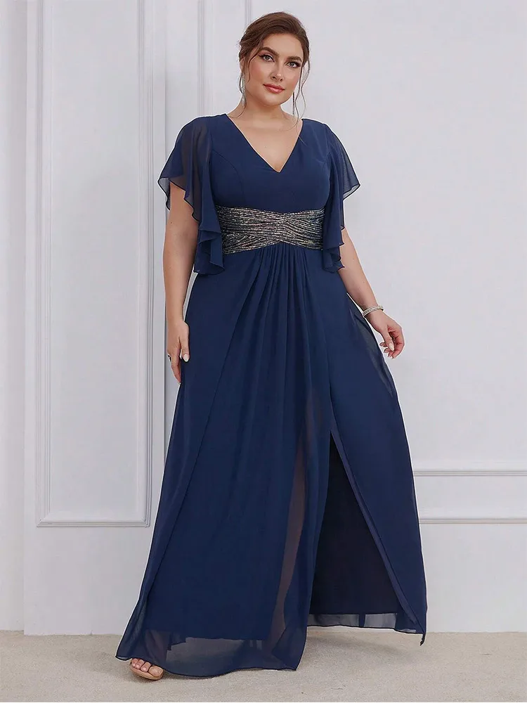 

Plus Size V-Neck Chiffon Burgundy Floor-length Double-layer Party Bridesmaid Evening Dress Big Siz Bridesmaid Shining Prom Gown