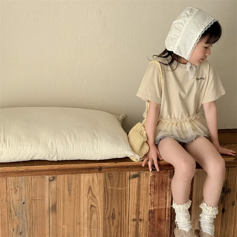 Girls T-shirt Children's Clothing Korean Short Sleeved Embroidered T-shirt for Girls' Summer Wear with Lace and Wing Base Shirt