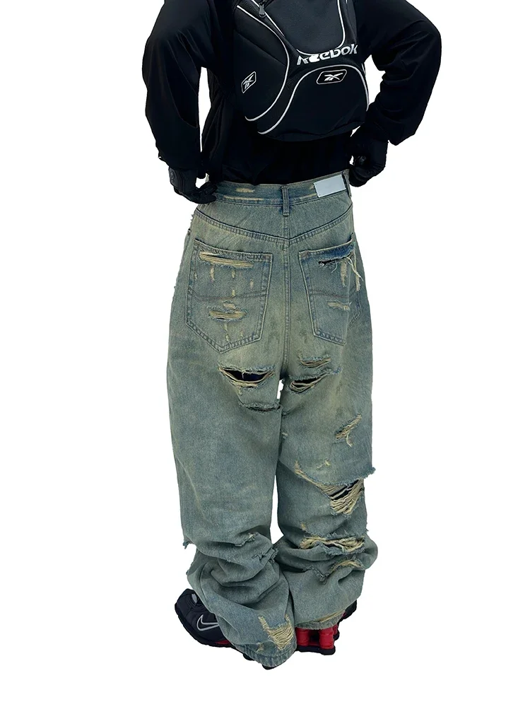 Washed Double-layer Tassels Y2k Pants Hand-worn Ripped Wide-leg Baggy Jeans