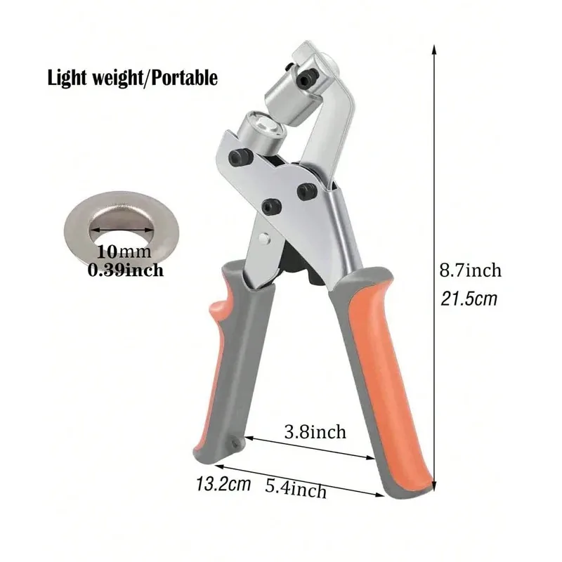 Grommet Tool Kit Handheld Hole Punch Pliers Portable Grommet Hand Press Machine Manual Puncher w/ Silver Grommets of 10mm