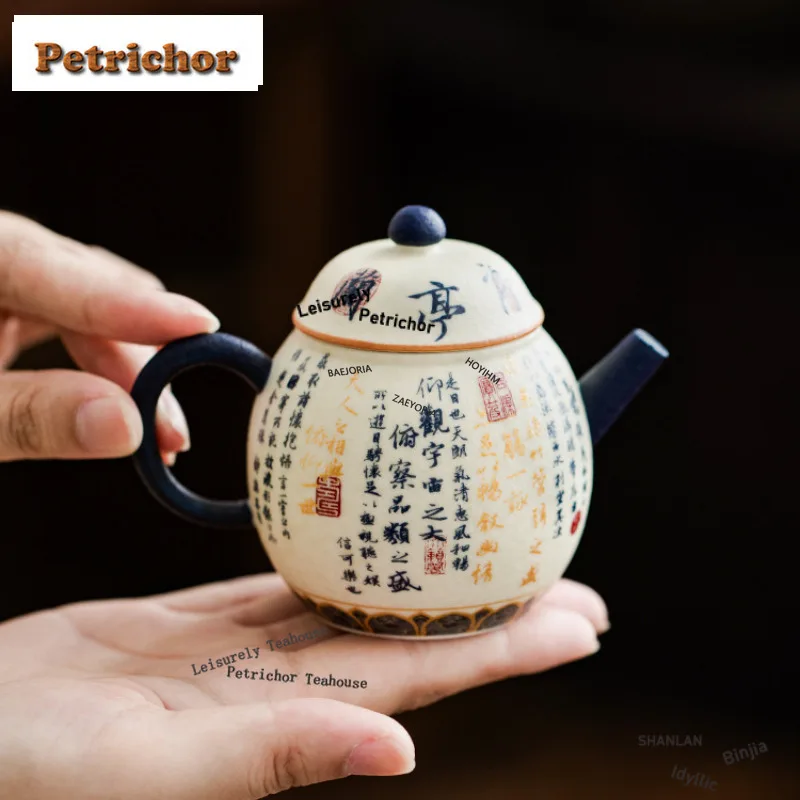 HOYIHM 140ml Handwritten Poems Teapot Aesthetic Tea Infuser Pot Tea Brewing Kettle With Strainer Dahongpao Tea Items Decoration