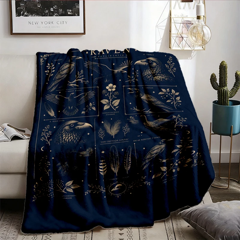  Raven Corvus Corax Botanical Field Guide T, Flannel Blanket, Dark Academia Crow Flannel Throw