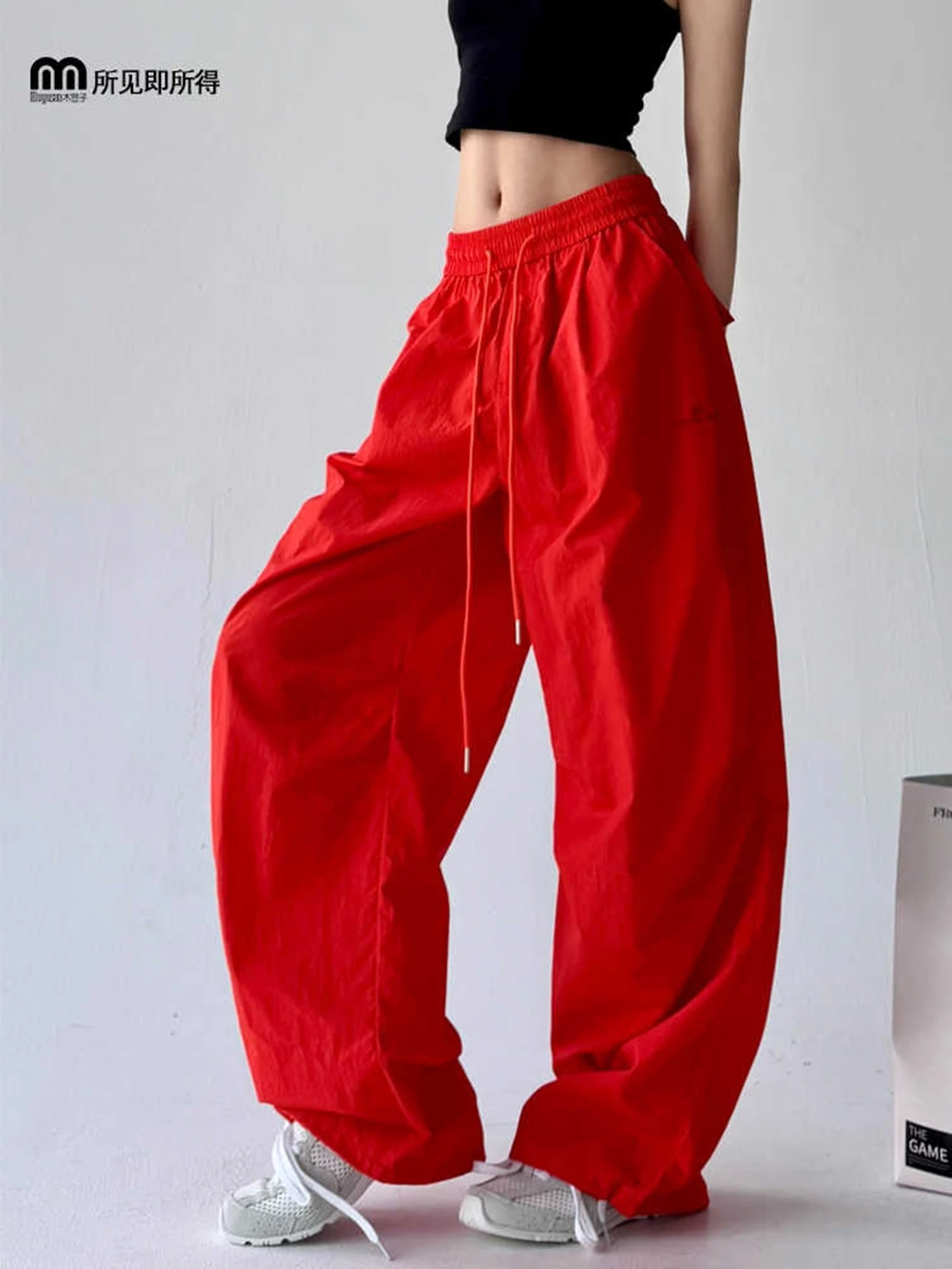 

Women's Red Parachute Pants Baggy Cargo Pants Harajuku Oversize Sweatpants Japanese 2000s Style Y2k Vintage Boyfriend Trousers