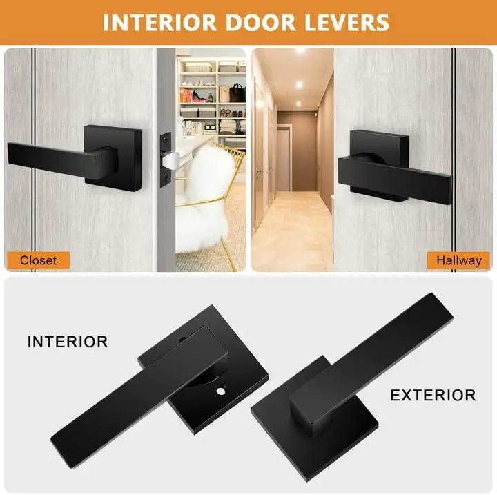 Probrico Matte Black Passage Door Levers Square Hall Closet Handles, Heavy Duty Interior Non-Locking Lever Sets, Reversible