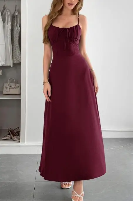 2026 Summer Women's Vacation Tourism Style Waist Strap Solid Color Dress Temperament Commuting Female Fashion A Line Dresses