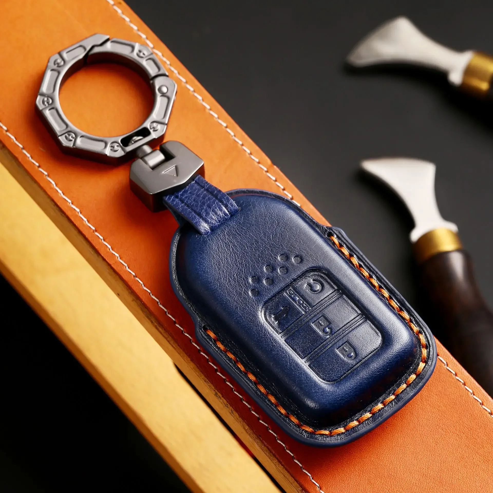 1pc Car Key Cover Case Fob Shell For Honda Accord Crider HRV CRV Spirior Odyssey Civic Fit JadeGenuine Leather Keyring Holder