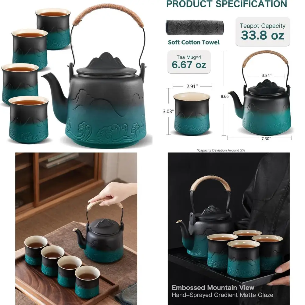 

Винтажный японский керамический чайник с 4 чашками, емкостью 33,8 унции, тисненый дизайн с градиентом, листовой чай, ручка из пеньковой веревки, T