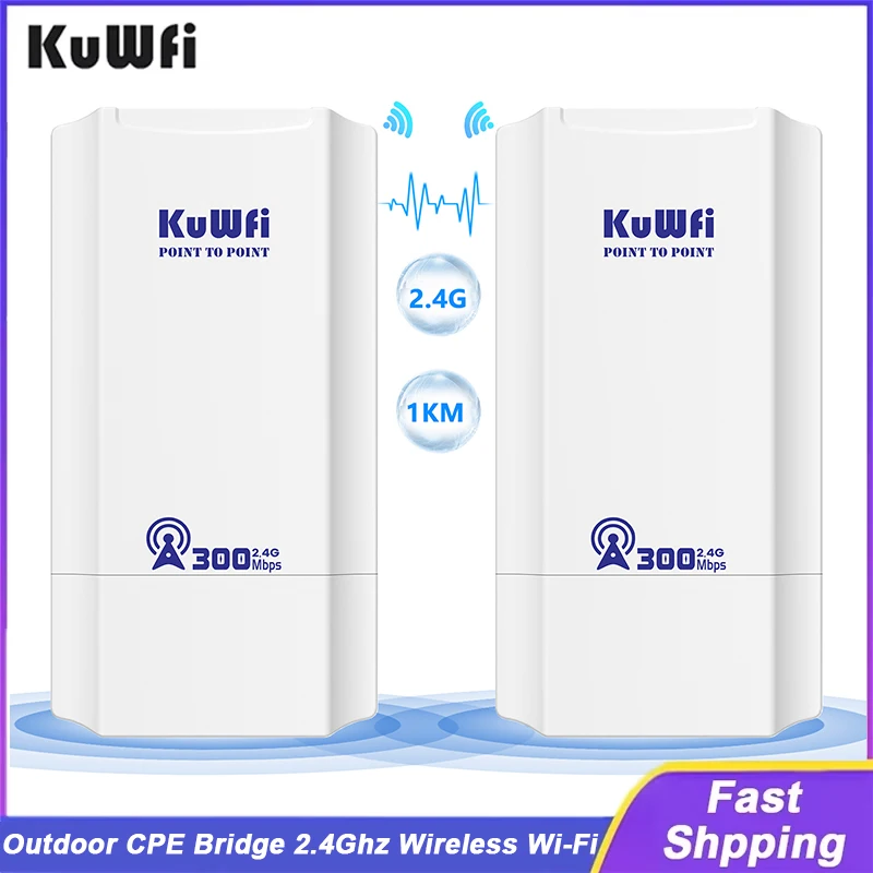 KuWFi 300Mbps CPE 브리지, 2.4Ghz 무선 Wi-Fi, 야외 포인트 투 포인트, 최대 1km 신호 익스텐더, 지지대 AP 리피터 모드, 24V POE