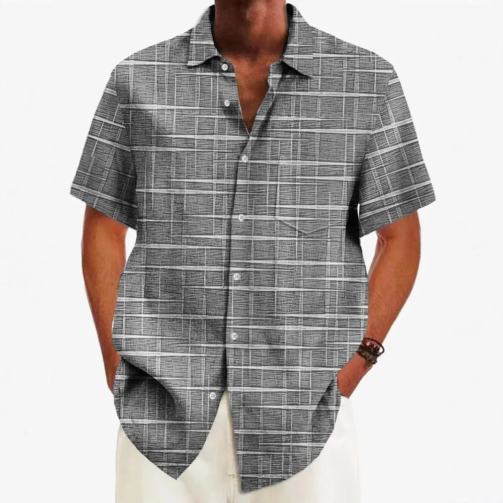 Interweaving Lines Print Casual Men Pocket Shirts Summer Hawaiian Island Shirt Streetwear Beach Button Down Casual Tops Clothing