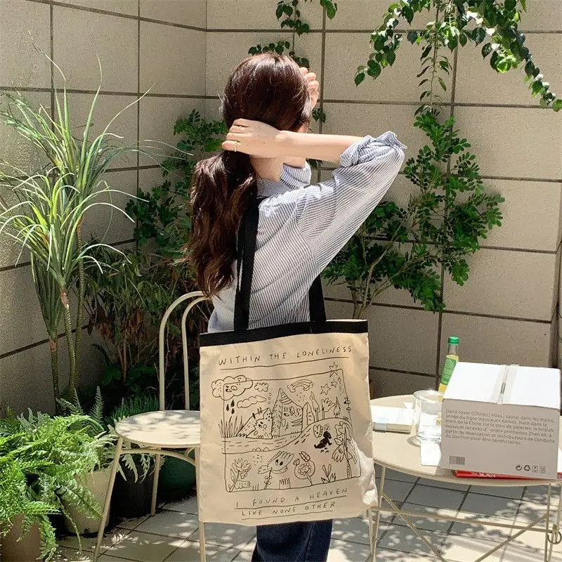 2023 Women Canvas Tote Bag Large Capacity Reusable Cotton Cloth Shopping Bag Japanese Casual Graffiti Handbag Shoulder Bag Tote