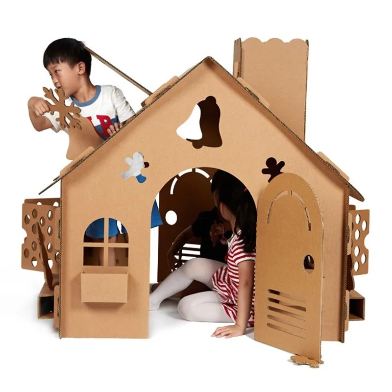 Card Model Building Sets Game House Cardboard Box DIY Castle Small House Children Dollhouse Indoor Boys Girls