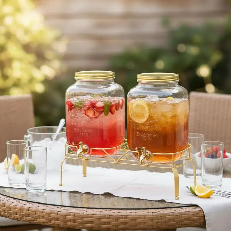 Lot de 2 distributeurs de boissons en verre transparent de 8 L chacun, livrés avec support métallique, robinet anti-goutte et infuseur. Sans BPA, adapté pour servir de l'eau, du jus, de la limonade ou du thé glacé lors de fêtes, dans les cafés, les hôtels et les restaurants.