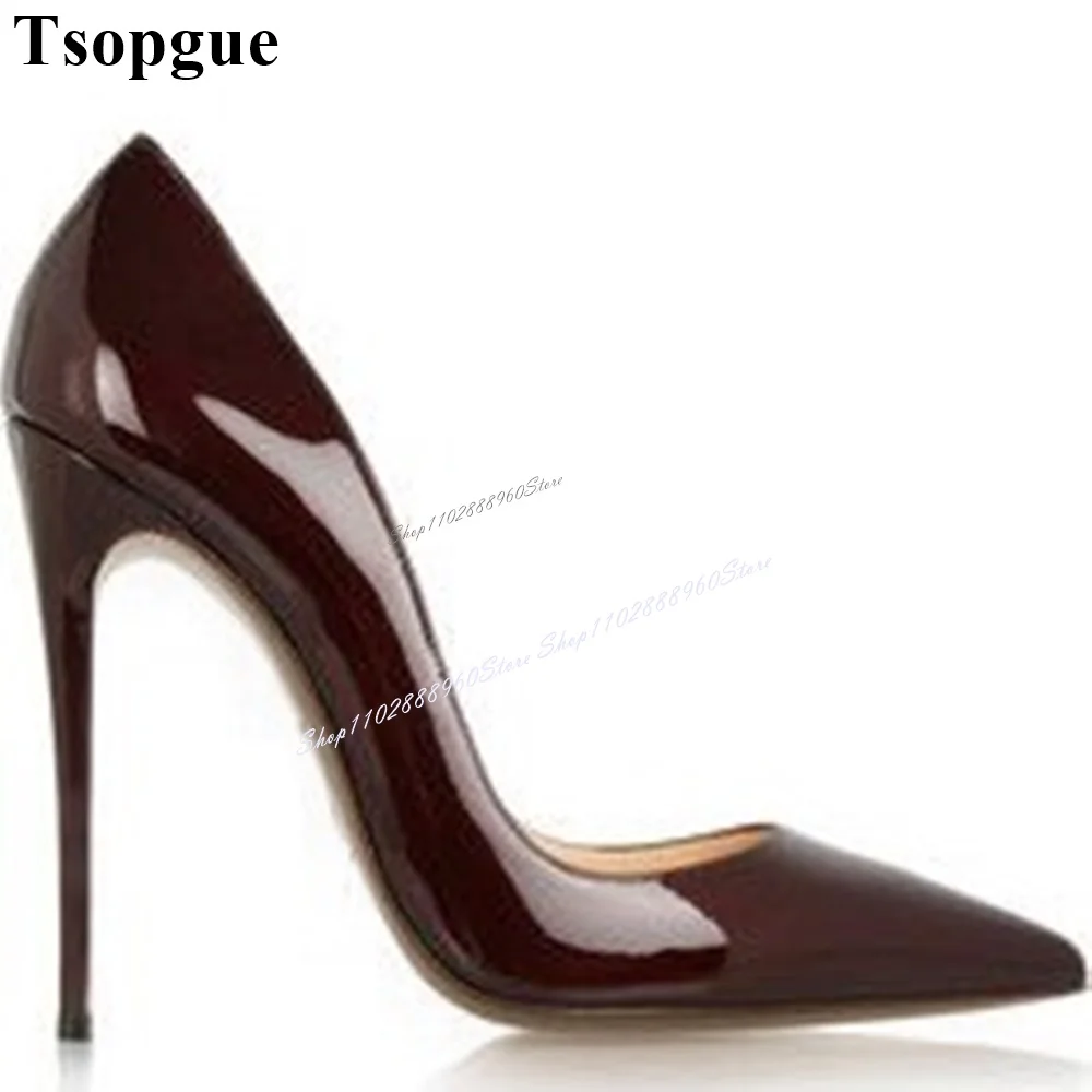 Sierlijke Bordeauxrode Lakleer Ondiepe Pumps Stiletto 'S Hoge Hak Damesschoenen Slip-On Puntige Teen 2024 Sexy Zapatos Para Mujere