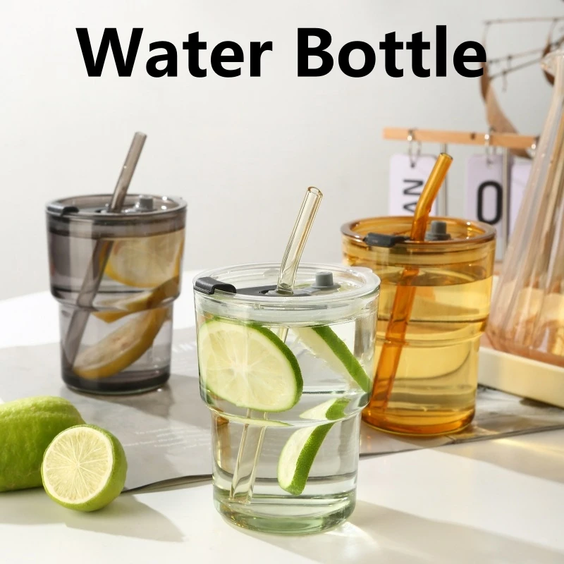빨대 컵 뚜껑이 있는 크리에이티브 유리 커피, 인스 스타일 밀크티 음료 용기, 커플 커피 머그잔, 400ml 물병