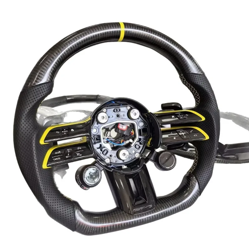 

Upper and lower carbon fiber left and right black leather punched holes Yellow lacquer label Sporty shape knob