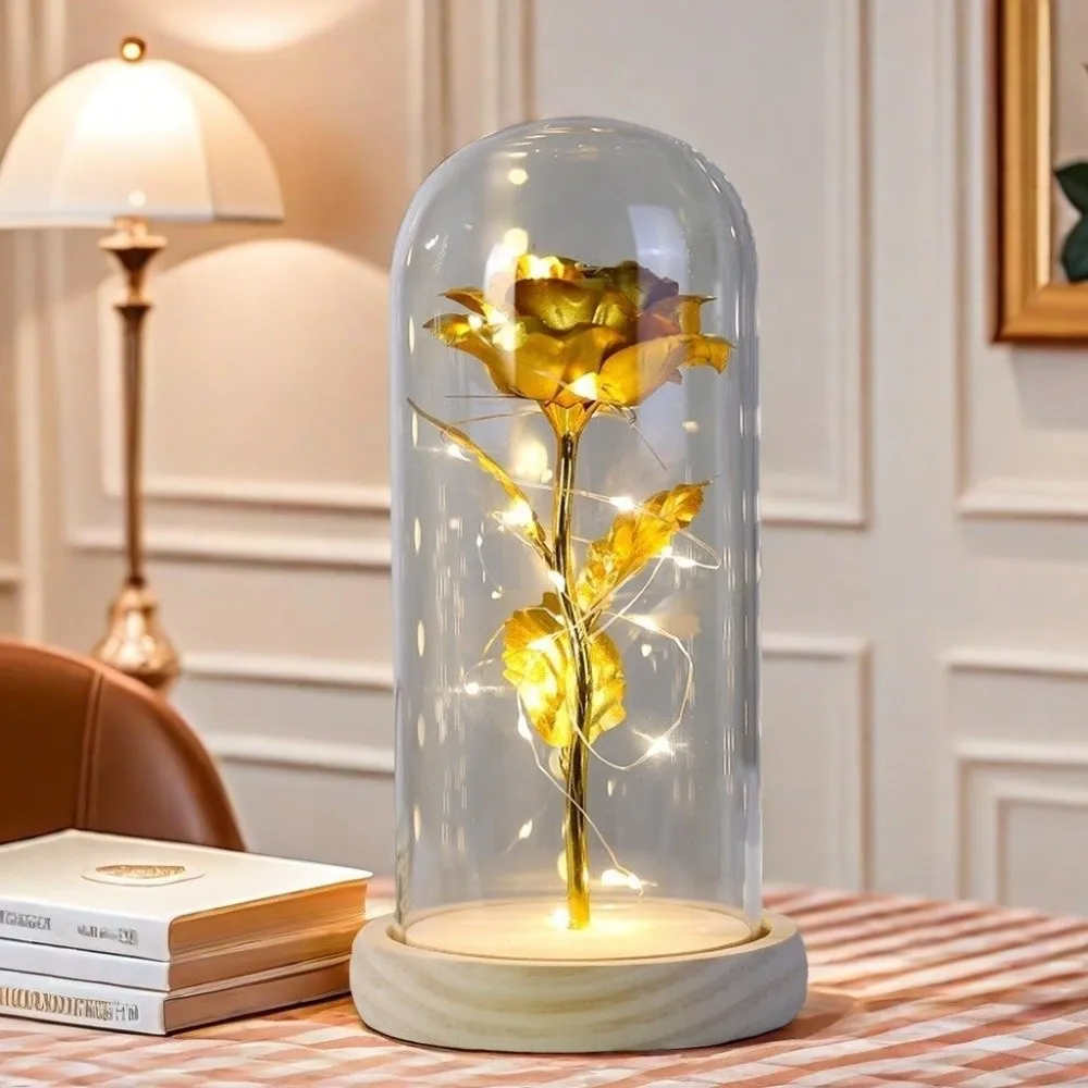 LED Light Preserved Rose Flower Wooden Base Valentine's Day Gift Rose LED Light Wedding Decoration Home Decoration