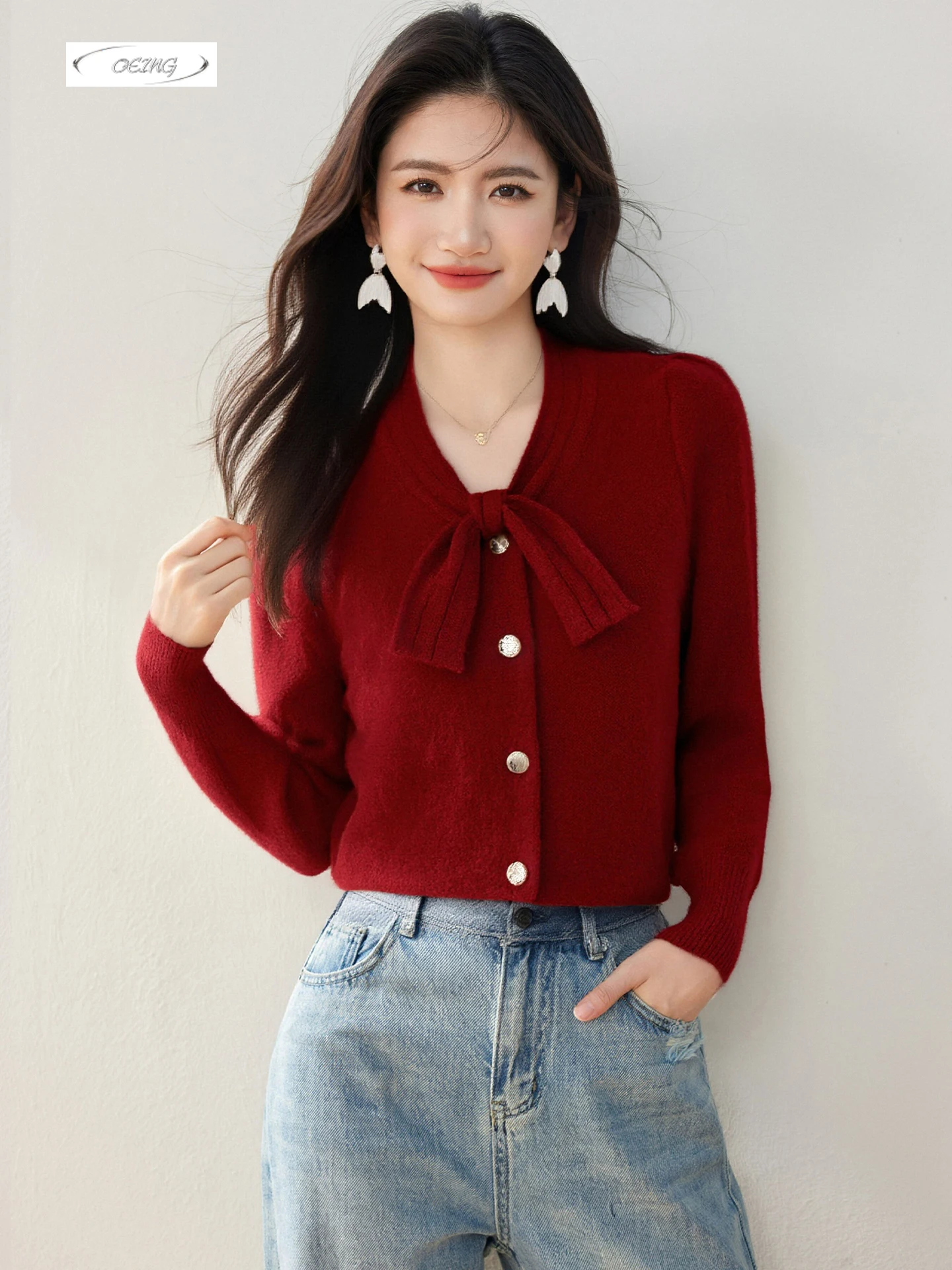 

Однобортный вязаный кардиган с бантом во французском стиле, красный свитер для женщин, осень-зима, элегантный милый трикотаж с длинными рукавами 9708