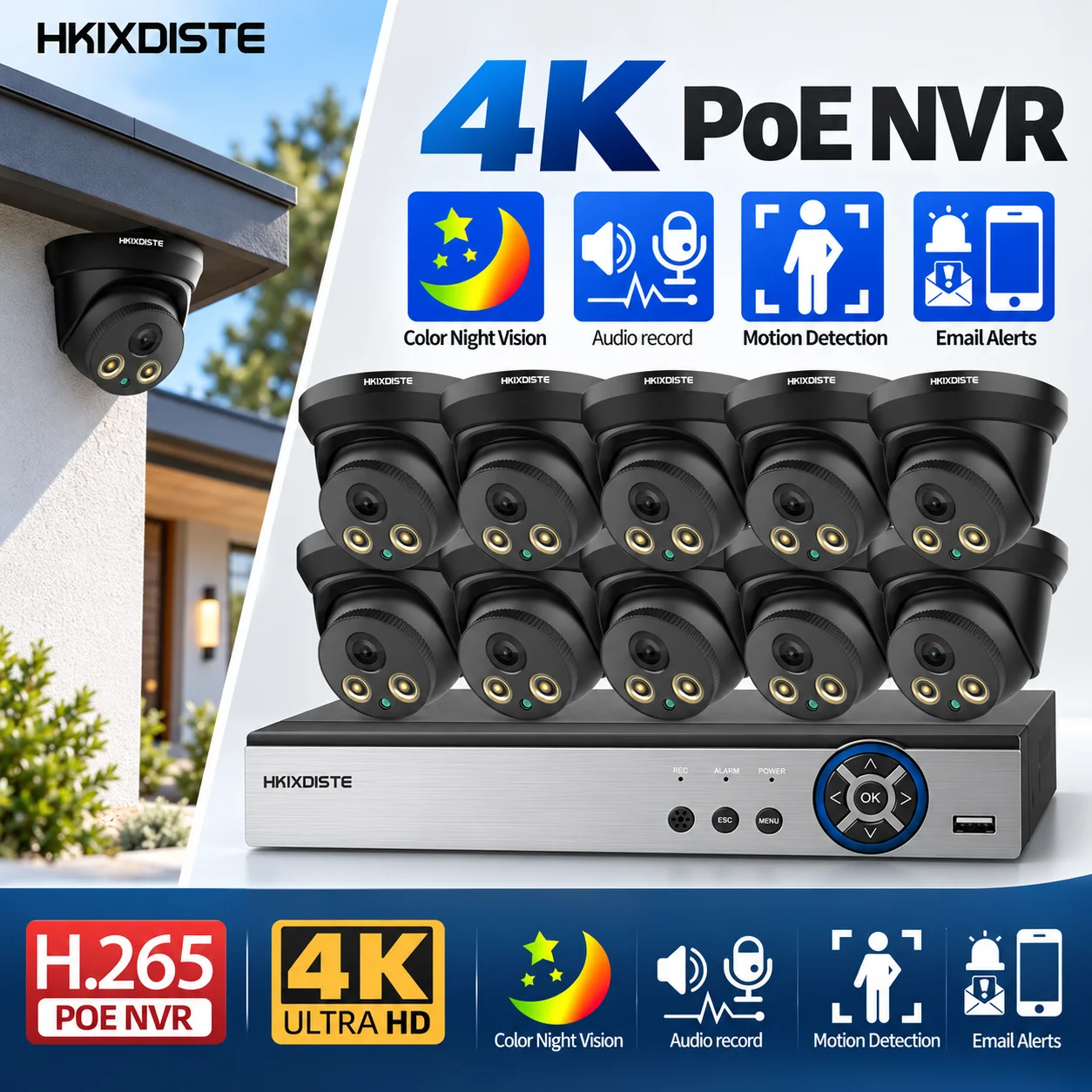 4K CCTV Surveillance Security Camera System Kit 8MP Home External POE IP Dome Camera Set Color Night Vision 8CH POE NVR Kit 10CH