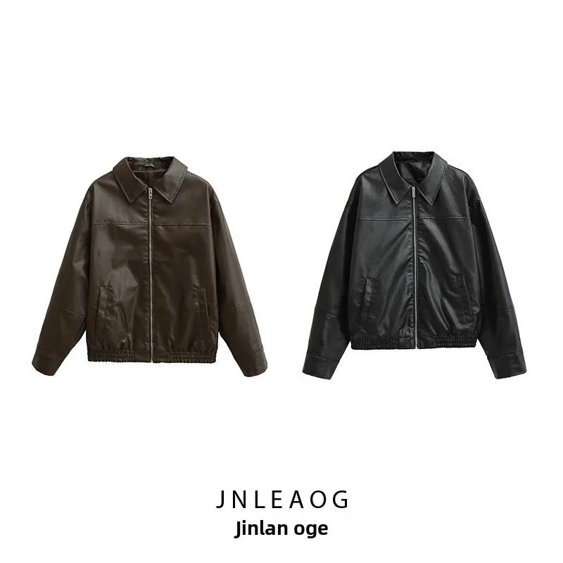 JNLEAOG Autumn New Women's Faion Leather Pilot Jaet Coat PU Material Long Sve Zipper Closure Straight Cut Commuter Sle