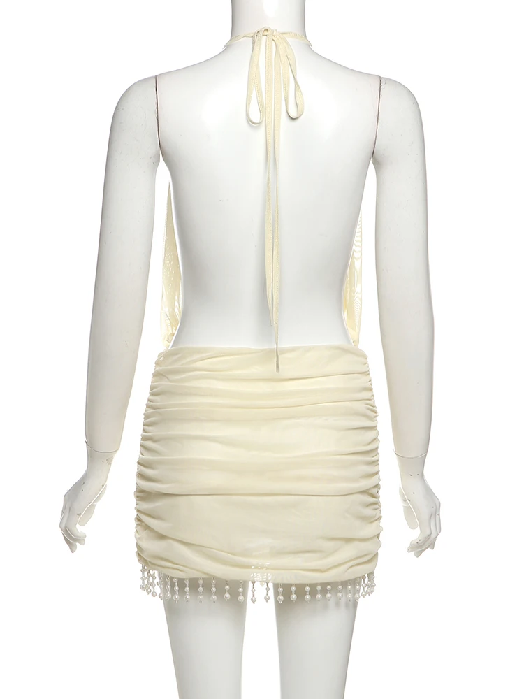 Mini abito patchwork in rete da donna con lacci Halter sexy senza schienale con perle nappa Midnight Club Party abiti eleganti increspati