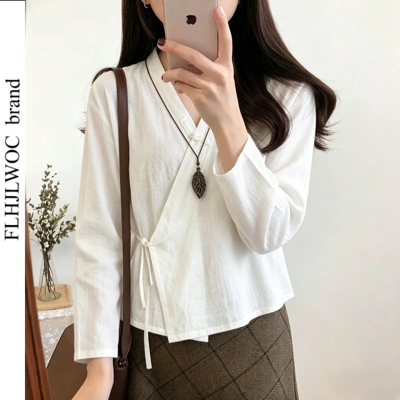 

Cotton Tops Blouses Women's New Chinese Style Solid Shirt Retro Vintage Blouse Wrap Lace-Up Bow Tie Casual Tea Ceremony Top