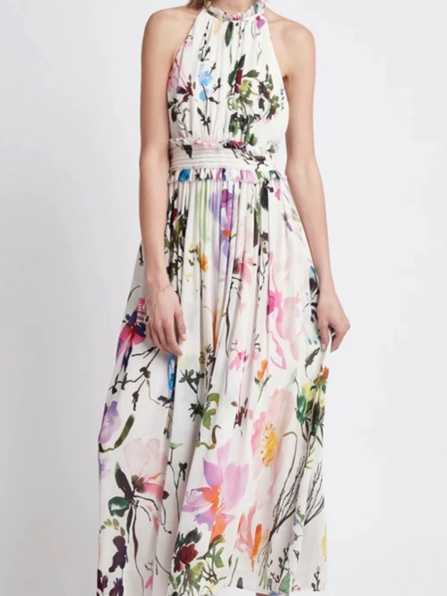 Vgh chiffon flor impressão meados de vestidos para mulheres halter sem mangas cintura alta retalhos cortar férias praia vestido verão novo