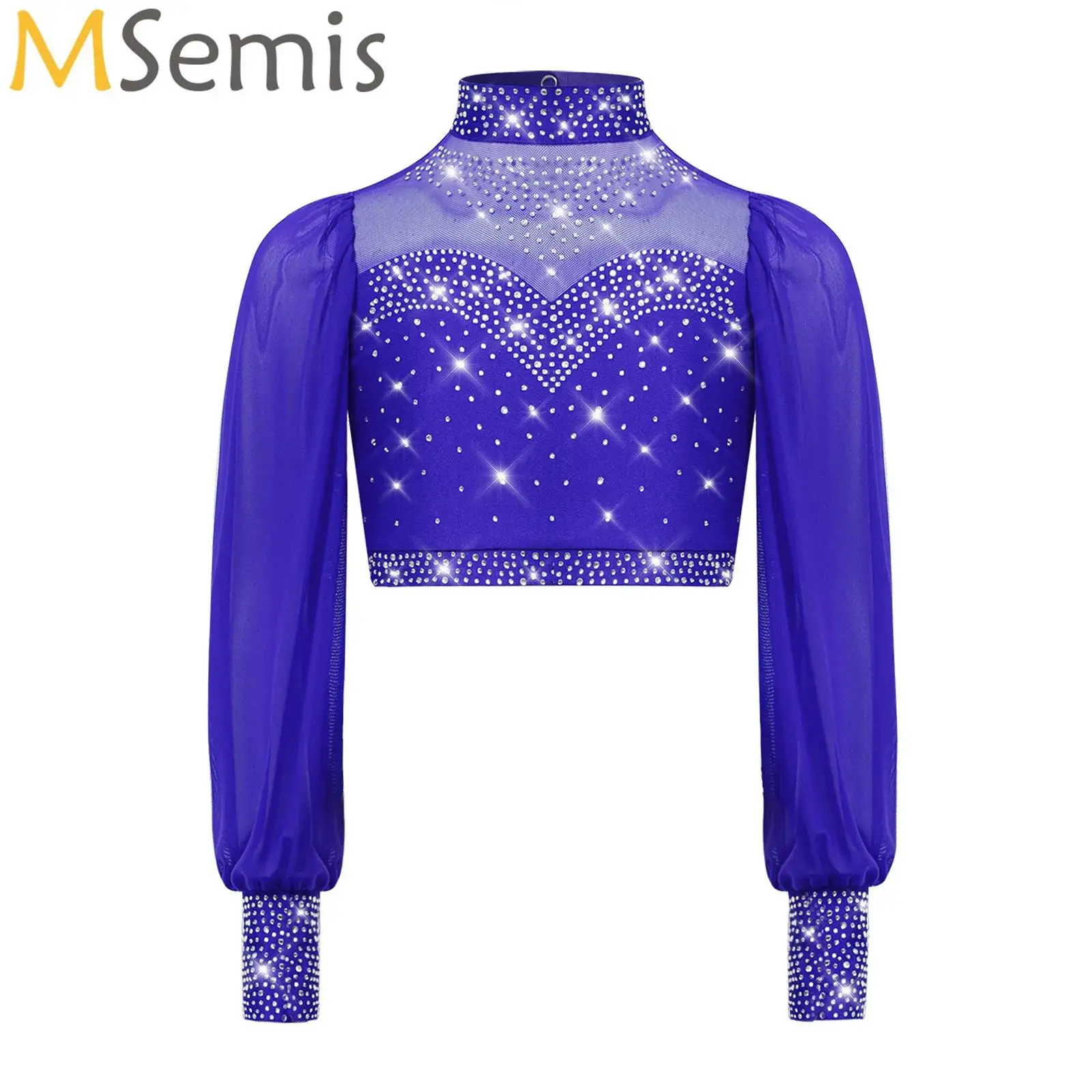 

Girls Glitter Dance Top Rhinestone Mesh Long Sleeve Crop Top Ballet Ballroom Performance Costume for Latin Jazz Cheerleading