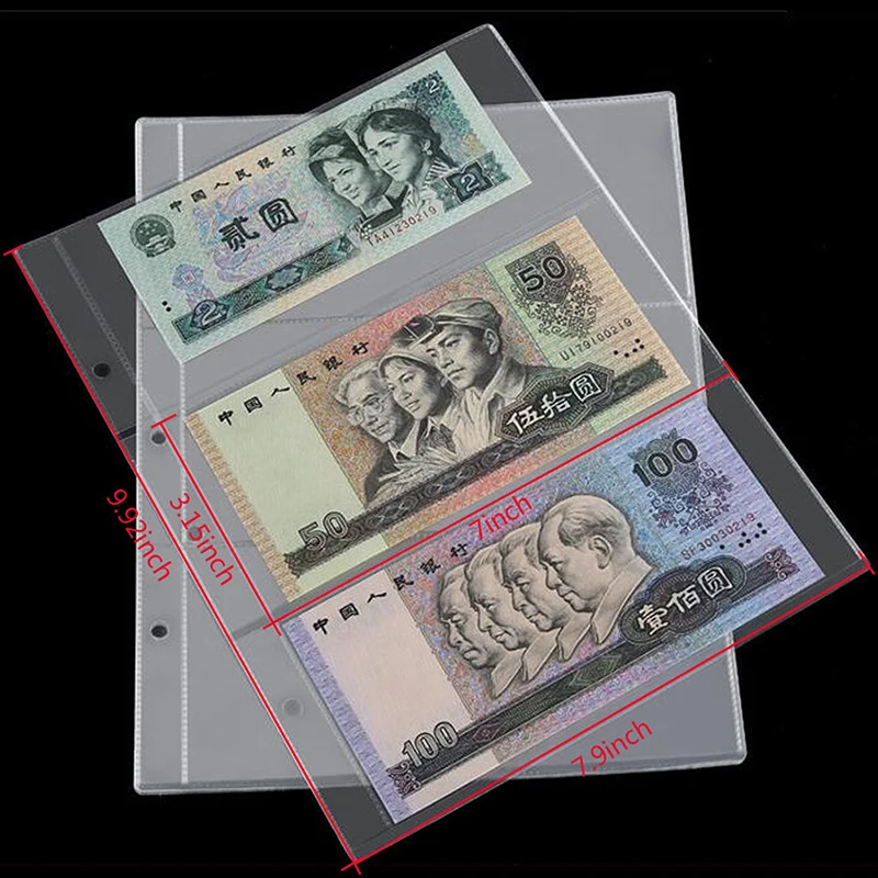 Folhas soltas Money Holder, Transparent Banknote Album, Coleta de página, mangas, 3 Slot, 10pcs por lote