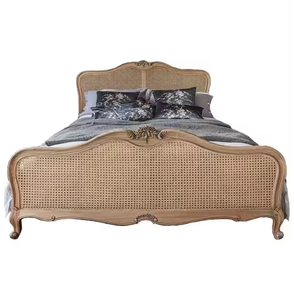 

* MYHOME French Traditional Solid Oak Wood Rattan Bed Frame Natural Woven King/Queen Size for Bedroom Furniture