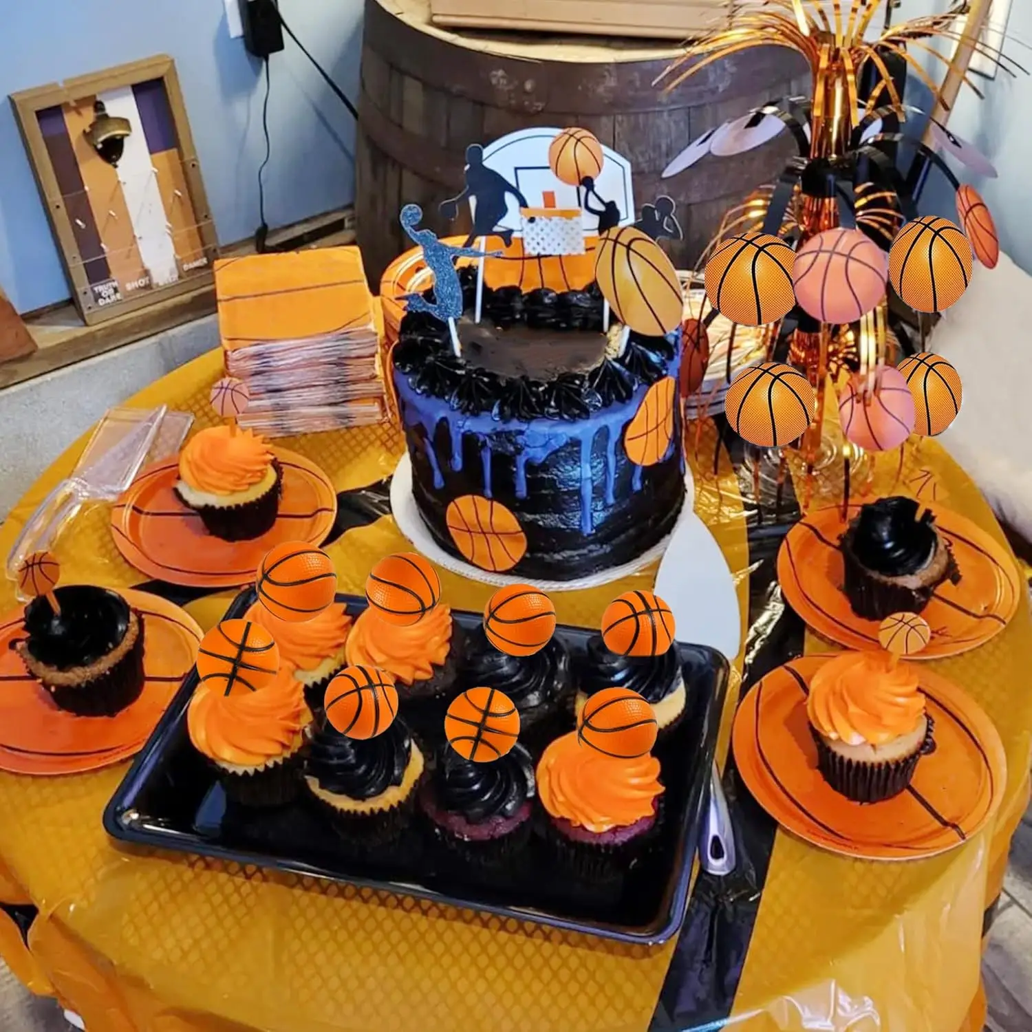 25 PCS Basketball Cake Toppers Black Gold Balls Cake Decorations Basketball Theme Cake Decoration for Boy Sport Party Supplies