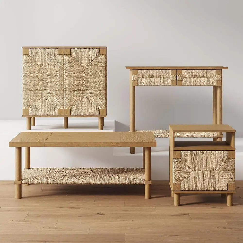 Rectangle Coffee Table with Storage 2-Tier Structure Solid Wood Legs Natural Seagrass Shelf Living Room Organization