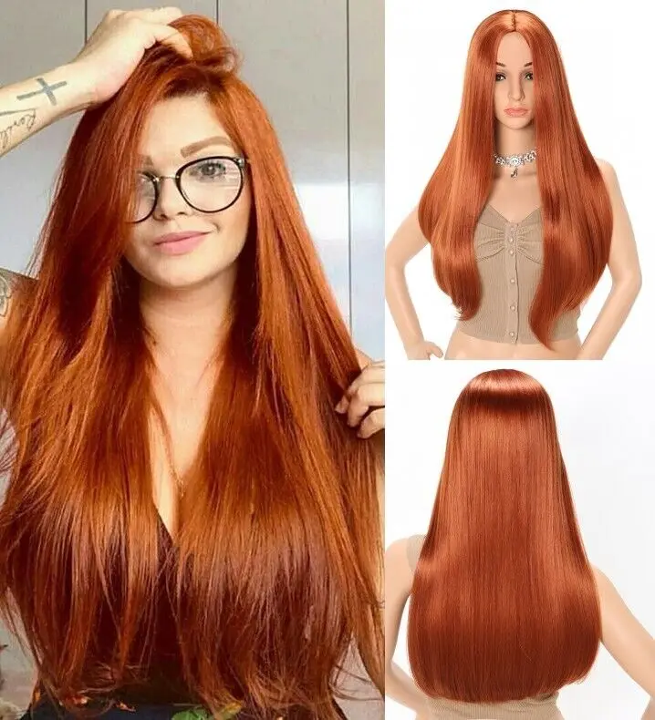 

Hair Layered Long Straight Copper Red Cosplay Party Wig Soft Synthetic