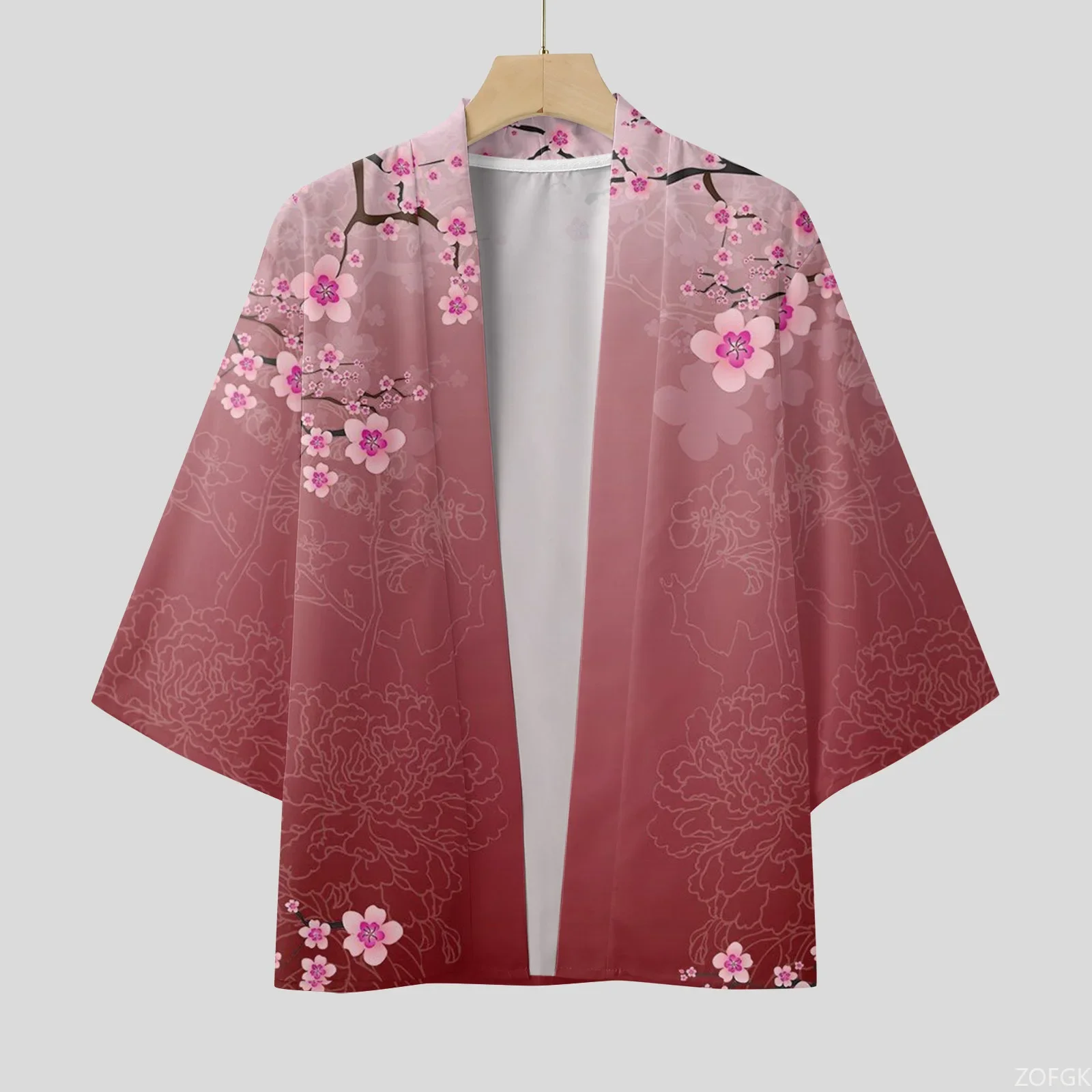 Popular Unisex Black Cherry Blossom Sakura Haori Kimono Cardigan 1/2 Sleeve Open Yukata Trend Streetwear Tops Summer Casual Coat