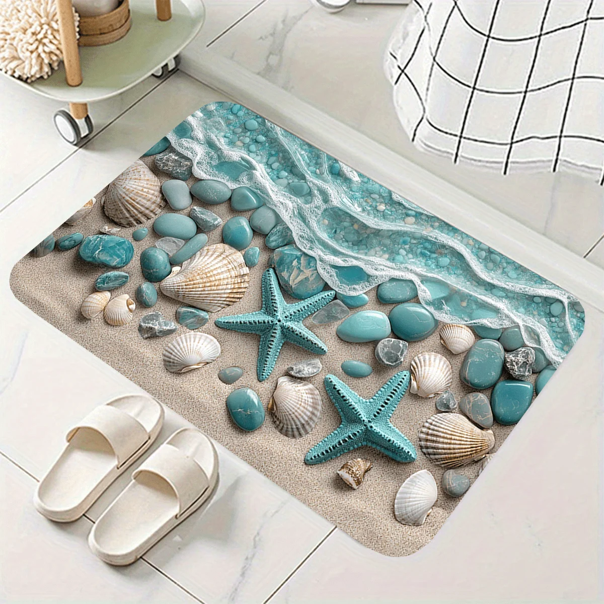 Beach Waves Rug Velvet Flannel Printed Floor Mat Sea Shell Starfish Design Decorative Carpet Bathroom Home Decor