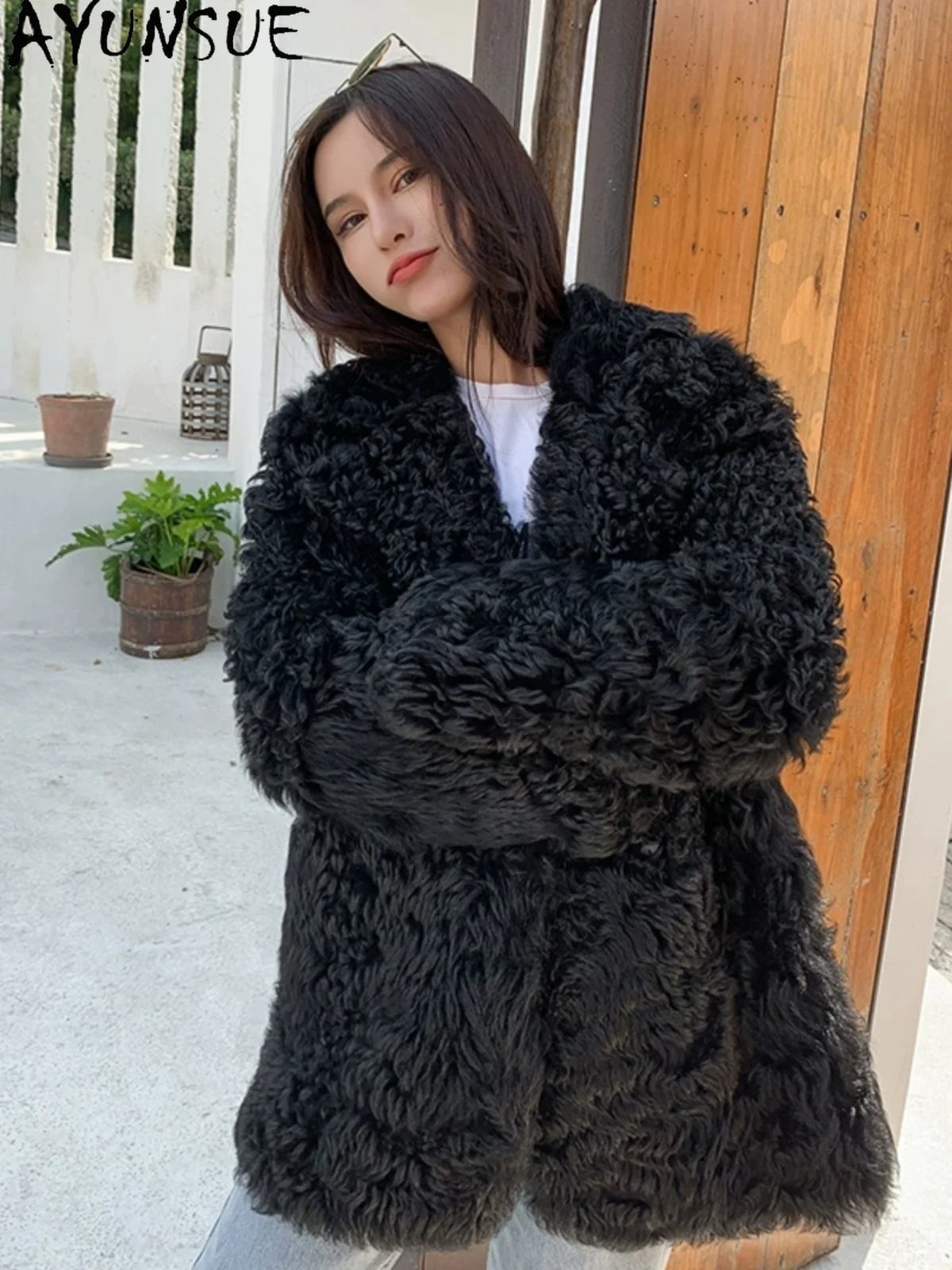 AYUNSUE 2025 새로운 Shearling Jacket 여성 중간 길이 100% 천연 양모 여성 자켓 고품질 겉옷에 새로운 Кофта С Мехом