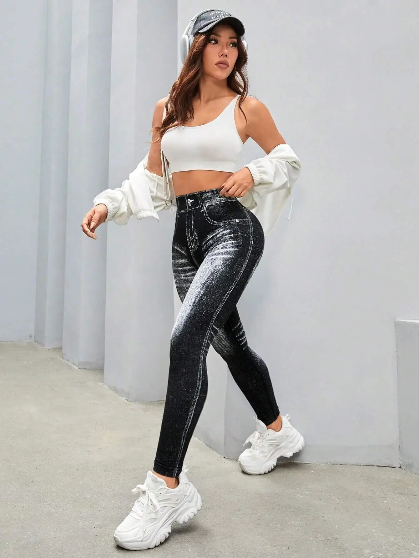 V Back Faux Denim Jeggings for Women Butt Lifting Tummy Control High Waisted Jeans Yoga Pants Scrunch Leggings