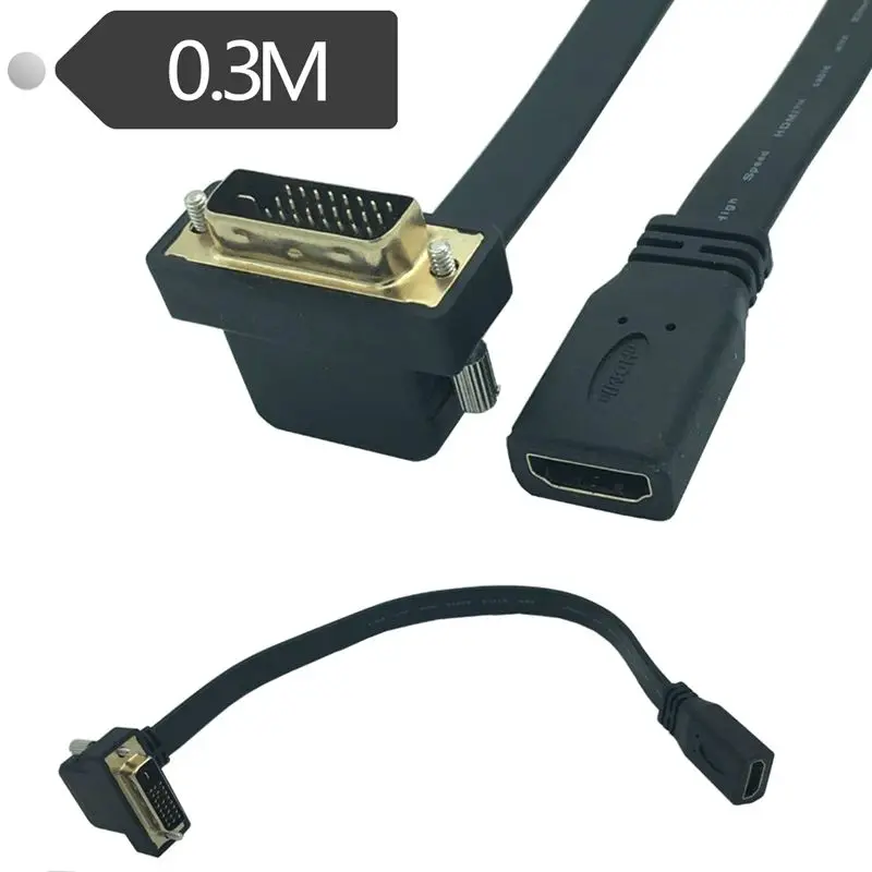 Flat HD Cable HDMI Compatible Male Female To DVI 24+1 Male Female Elbow Connection Cable, Computer To TV Cable 0.3 Meters