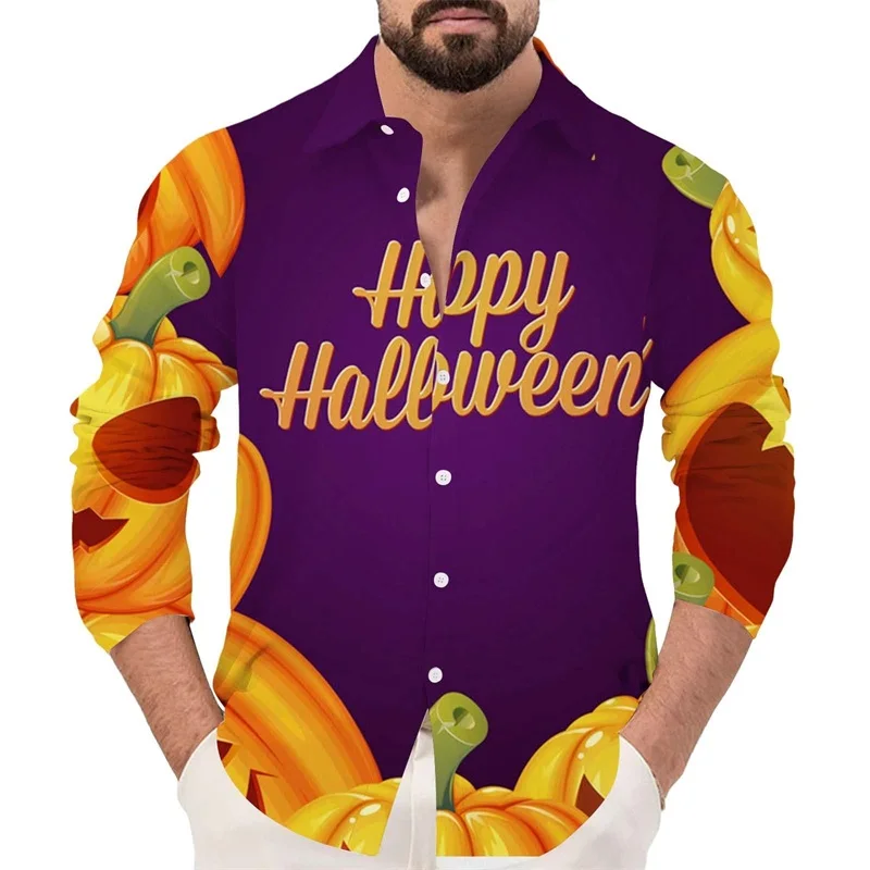 

Happy Halloween Button Down Blouse Shirt 3D Print Long Sleeve Casual Men's Halloween Pumpkin Tee Shirts Tops Festival Clothes