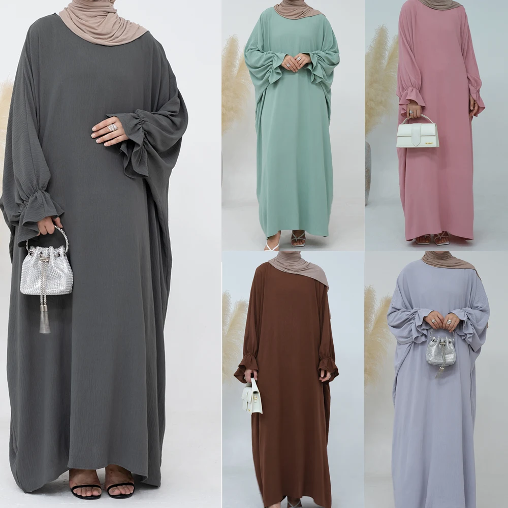 

Ramadan Abaya for Women Crepe Crinkle Batwing Sleeve Plain Islamic Clothing Muslim Long Dress Turkish Modest Kaftan Hijab Robe