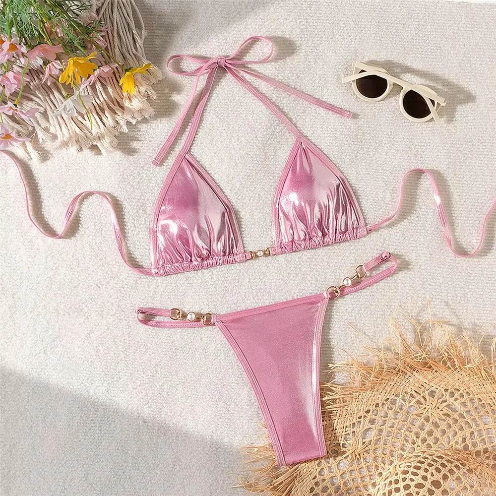 Gold Shiny Halter String Micro Bikini Thong Mujer Sexy Swimsuit Women 2024 Bead Mini Swimwear Bathing Suit Triangle Bikinis Sets