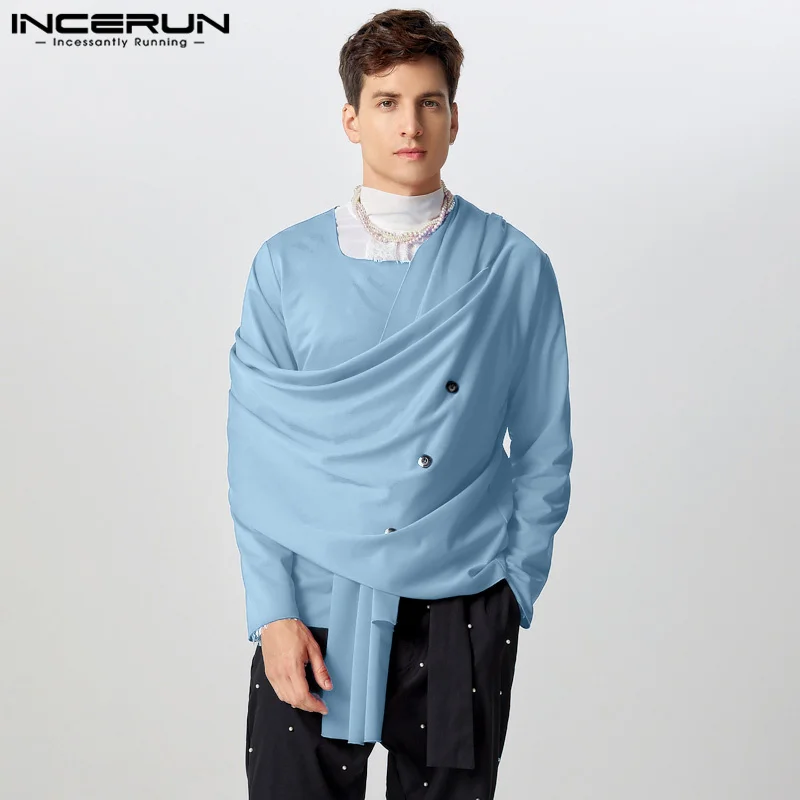 INCERUN Handsome Elegant Buttons T-shirts 2024 Men Deconstruction Kink Simple Tops Casual Solid Color Fashion Knitted Camisetas