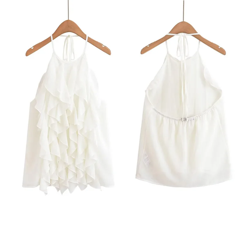 

2025 Women's Sleeveless Chiffon Ruffled Design Lotus Leaf Edge Hanging Neck Top Casual Female Beach Holidays Wear