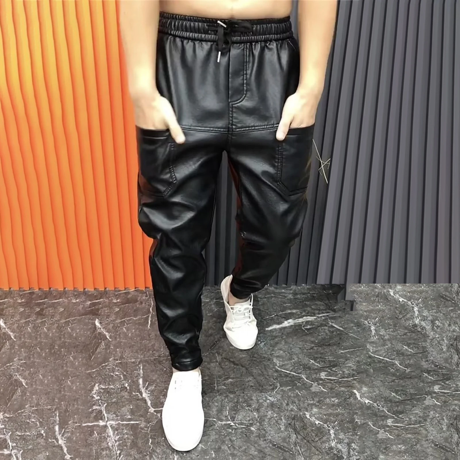 Autumn Winter Fleece-lined Thickened Warm Casual Pu Leather Trousers For Men Small Foot Thickened Long Pants