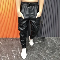 Autumn Winter Fleece-lined Thickened Warm Casual Pu Leather Trousers For Men Small Foot Thickened Long Pants